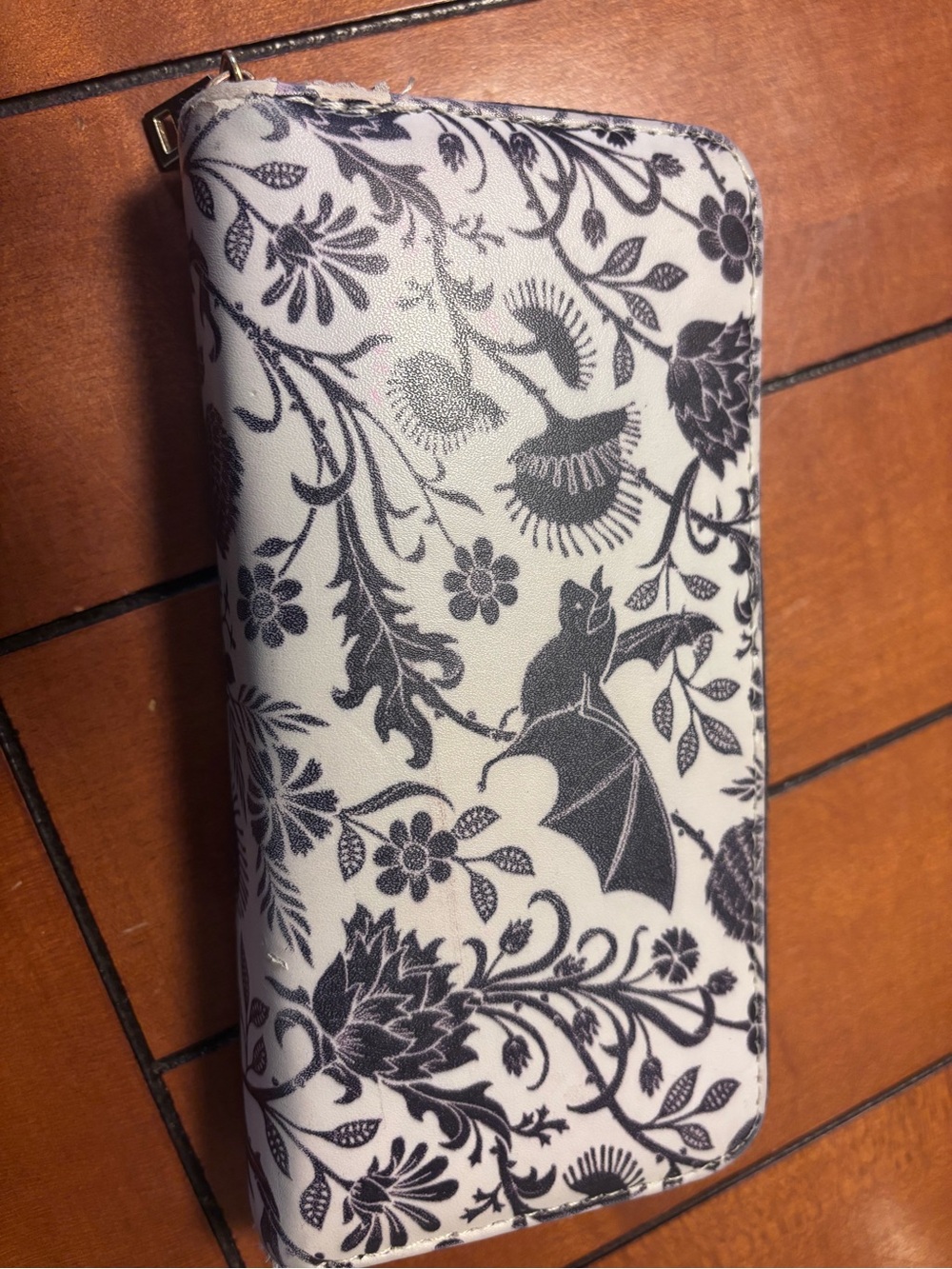Floral Bat Print Zip Wallet - Black on White